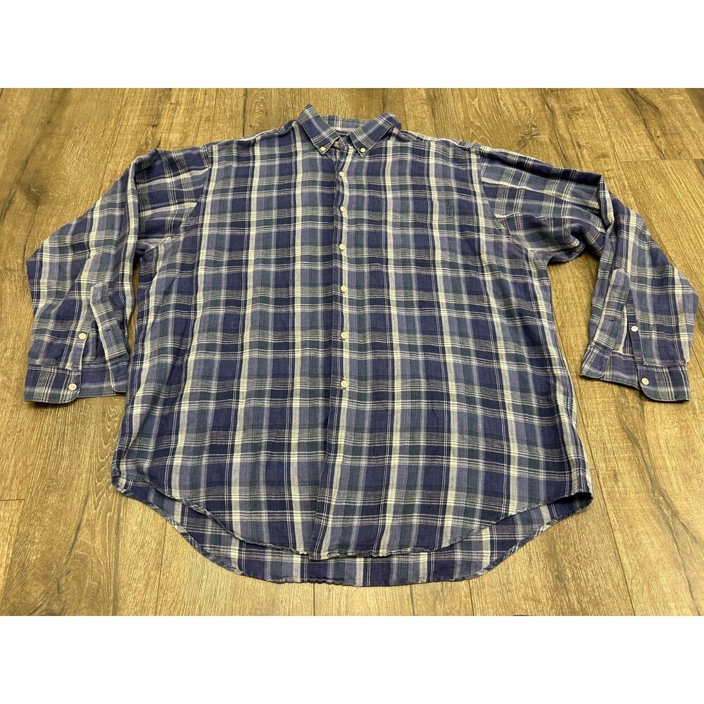 Ralph Lauren Marlowe Shirt Mens XL Linen Blend Navy Check Button Up Long Sleeve